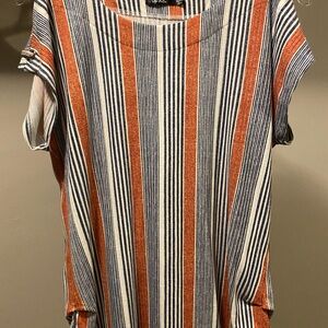 CeCe Vertical Stripe Short Sleeve Top in Rust, Navy & White
